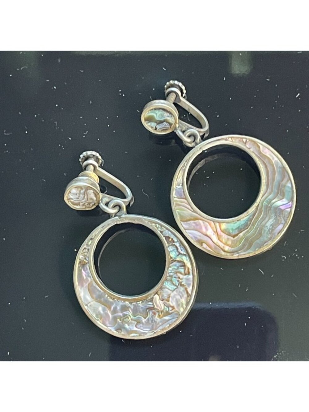 Vintage 1950s Mexico Sterling Silver Abalone Crescent Hoop Screw-Back Earrings S